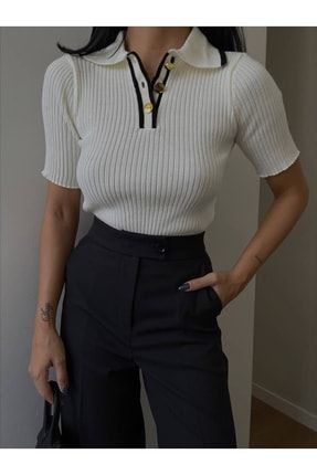 Kadın Polo Yaka Kısa Kollu Premium Trend Bluz