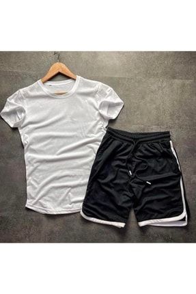 Siyah Şort/beyaz T-shirt Petek Kumaş