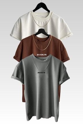 Unisex Brooklyn Baskılı 3lü Paket Kahve-gri-beyaz T-shirt