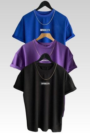 Unisex Brooklyn Baskılı 3lü Paket Siyah-mavi-mor T-shirt
