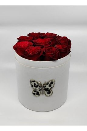 Kelebek Desenli Beyaz Kutuda Kırmızı Güller Sevginin Adı