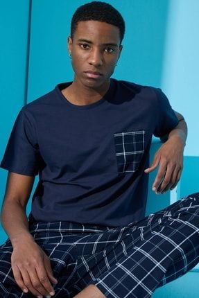 Lacivert Double Çizgi Ekose Desenli Kısa Kollu Erkek Pijama Takımı