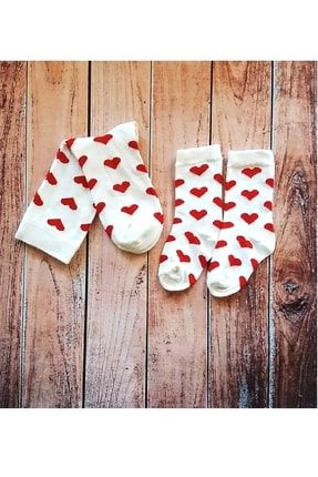Kız Bebek Kalp Desenli Anne Bebek Çorap Seti Anne Bebek Kombin