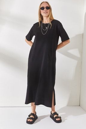 Kadın Siyah Yanı Yırtmaçlı Oversize Pamuk Elbise ELB-19001880