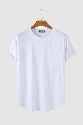Erkek Beyaz Kolları Katlı Oval Kesim Cepsiz Bisiklet Yaka T-shirt Vavn306-0000005-1
