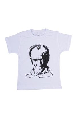 %100 Pamuk Atatürk Baskılı Çocuk Tişört 29 Ekim,23 Nisan Çocuk Beyaz Atatürk Tişörtü