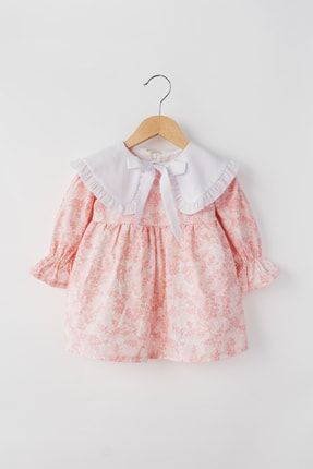 Kız Bebek Çiçek Desenli Büyük Yakalı Pamuklu Astarlı Elbise