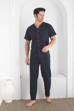 Erkek Lacivert Önden Düğmeli Kısa Kollu Altı Uzun Penye Örme Kumaş Yazlık Pijama Takımı