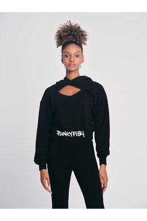Punky Fish Punkyfish Kap onlu G s Detayl Kad n Sweatshirt Siyah