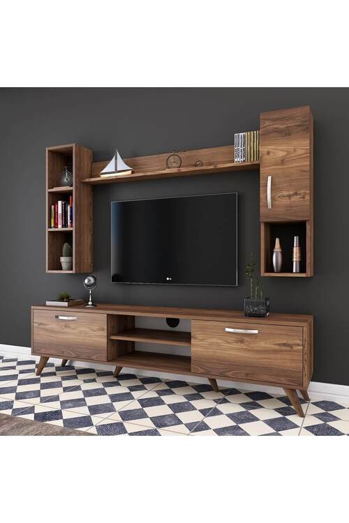 Rani Mobilya A9 Duvar Rafli Kitaplikli Tv Unitesi Duvara Monte Dolapli Modern Ayakli Tv Sehpasi Ceviz M12 Fiyati Yorumlari Trendyol