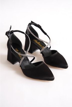 Siyah Saten Kadın Çapraz Taşlı Topuklu Ayakkabı Bg1152-119-0002 MD1152-119-0002