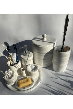 Mermer Desenli Çoklu Çöp Kovalı Banyo Seti V1 (gümüş Başlıklı)
