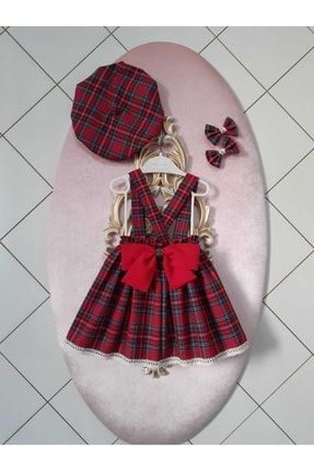 Kız Çocuk Ekoseli Salopet Elbise & Şapka & Toka Takım