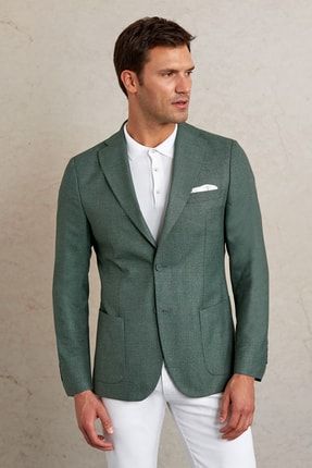 Yeşil Slim Fit Desenli Mono Yaka Casual Ceket