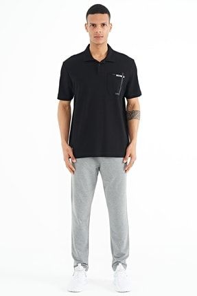 TOMMY LIFE Siyah Cep Detayl Bask l Standart Kal p Polo Yaka
