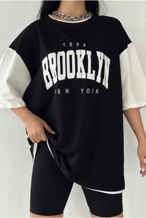 Siyah Oversize Çift Renk Brooklyn Baskılı Unisex Tshirt