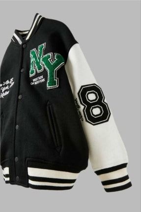 New York Baskılı Siyah/ekru Unisex Bomber Ceket