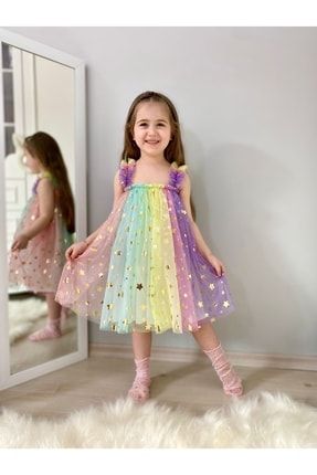 Rainbow Renk Geçişli Yıldızlı Kız Çocuk Elbise