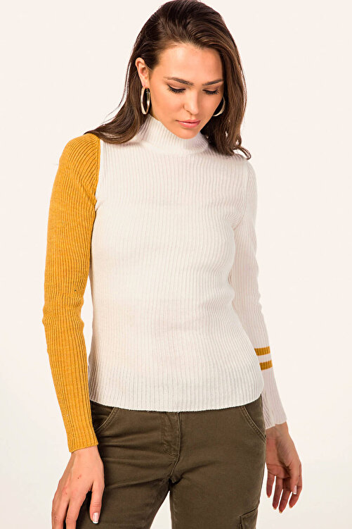 Armonika Kadin Ekru Kollari Farkli Renk Balikci Triko Kazak Arm 19k023011 Fiyati Yorumlari Trendyol