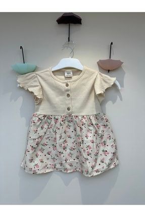 Alt Kısmı Çiçekli Kısa Kol Yarım Düğmeli Kız Çocuk Elbise ecru0102
