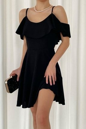 Askılı Fırfırlı Krep Elbise Siyah EL582222