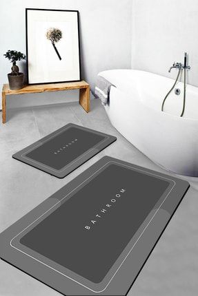 Else Antrasit Bathroom Yazılı Desenli Yıkanabilir Kaymaz Taban 2li Banyo Halısı Paspas Klozet Takımı