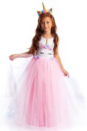 Rita Çiçekli Unicorn Elbise Pembe - Kız Çocuk Parti Ve Doğum Günü Kostümleri TK0051
