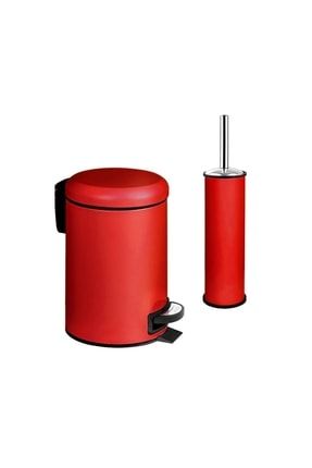 Elit Ikili Banyo Seti Paslanmaz- Kırmızı ( 3lt Çöp Kovası Tuvalet Fırçası ) VE120400-K