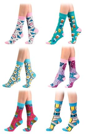 6' Lı Organik Pamuklu Dikişsiz Kadın Asorti Çok Renkli Desenli Çorap