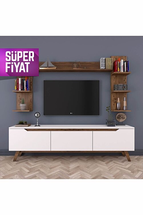 Rani Mobilya D1 Duvar Rafli Kitaplikli Tv Unitesi Duvara Monte Dolapli Ahsap Ayakli Tv Sehpasi Beyaz Ceviz M23 Fiyati Yorumlari Trendyol