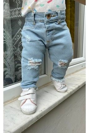 Çocuk Jean Denim Pantolon Yırtık Ve Paça Kesik Detaylı Beli Ayarlanabilir Lastikli