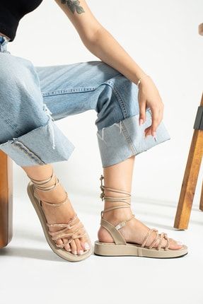 Kadın Şerit Taş Detaylı Hafif Ortopedik Ipli Taşlı Sandalet