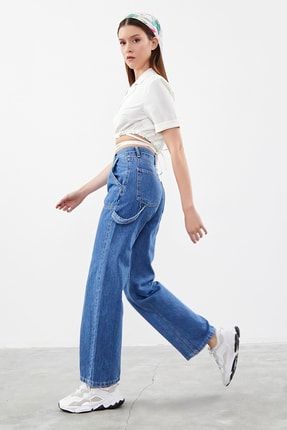 its basic Kad n Mavi Renk Onu Parcal Panel Detayl Wide Leg Mom Fit Denim Fiyat Yorumlar Trendyol