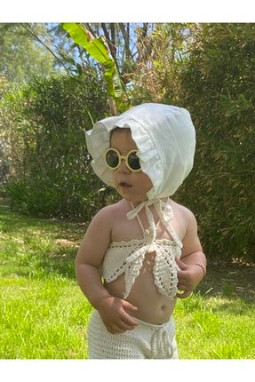 %100 Pamuklu Ekru Renk Fırfırlı Siperli Bebek Şapkası - Plaj Şapkası