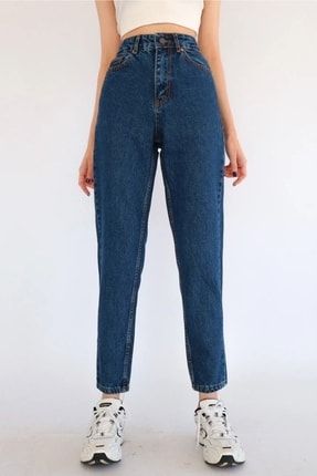 Koyu Mavi Mom Jeans Likralı Yüksek Bel Mavi Kar Yıkamalı Mom Kot Pantolon