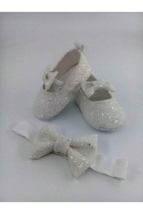Mihrimah Beyaz Simli Babet Bebek Ayakkabısı Ve Bandana Takımlı Özel Ürün SVLSİMLİBANDANA