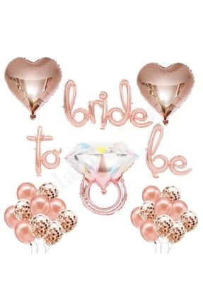 Bride To Be El Yazısı, Tek Taş Yüzük Ve Kalp Folyo Balonlu Rose Gold Set