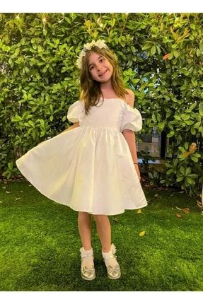 Kız Çocuk Beyaz Balon Kol Taşlı Tasarım Elbise