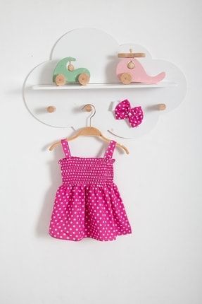 Puantiyeli Bandanalı Yazlık Bebek Elbise-Pembe