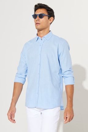 Erkek Mavi Tailored Slim Fit Dar Kesim Düğmeli Yaka Keten Görünümlü %100 Pamuk Flamlı Gömlek