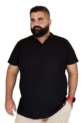 Erkek Siyah Büyük Beden Polo Yaka Cepsiz T-shirt