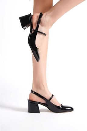 "FABRİ" Siyah Rugan - 5cm Kalın Topuk Geniş Burunlu Topuklu Ayakkabı