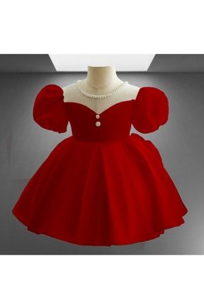 Kırmızı Saten İnci Detaylı Balon Kol Özel Tasarım Elbise