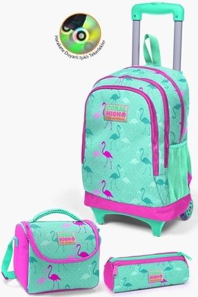 Kids Su Yeşili Neon Pembe Flamingo Desenli Çekçekli 3'lü Çanta Seti SET0123131