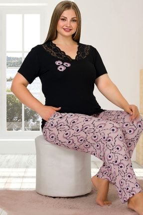 Jenny Daphne Lady Büyük Beden Siyah üzerine Dantelli Uzun Pijama Takımı  10910 Fiyatı, Yorumları - Trendyol
