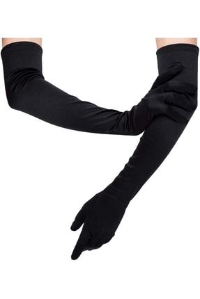 Saten Likrali Uzun Parmaklı Siyah Eldiven(58 Cm-dans & Opera Eldiveni)