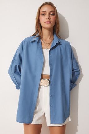 Kadın İndigo Mavi Oversize Uzun Basic Gömlek DD00842