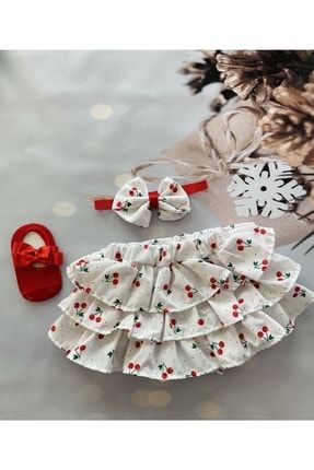 Kız Bebek Kiraz Desenli Şort Etek Babet Çorap Bandana Takım