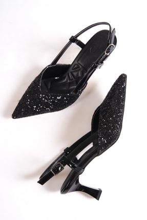 Paris S Siyah Cam Kırığı Arkası Açık Stiletto Kısa Topuklu Abiye Ayakkabı 4100