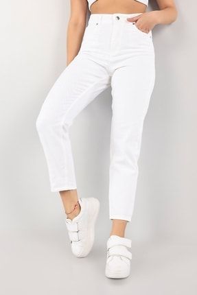 Yüksek Bel Likralı Beyaz Mom Jeans Esnek Kot Pantolon